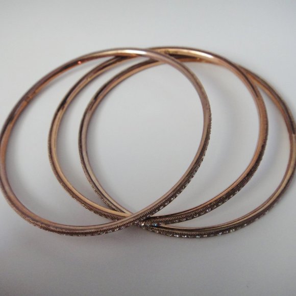 Pave Rhinestone Set 3 Thin Bangle Bracelets Copper - Picture 2 of 8